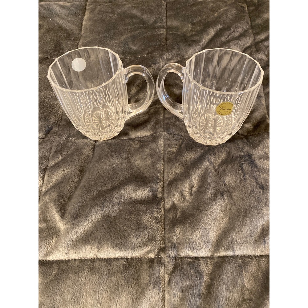 Cristal France Lead Crystal Mugs Set of 2 Diamond Wedge Cut Glass Coffee Cups
